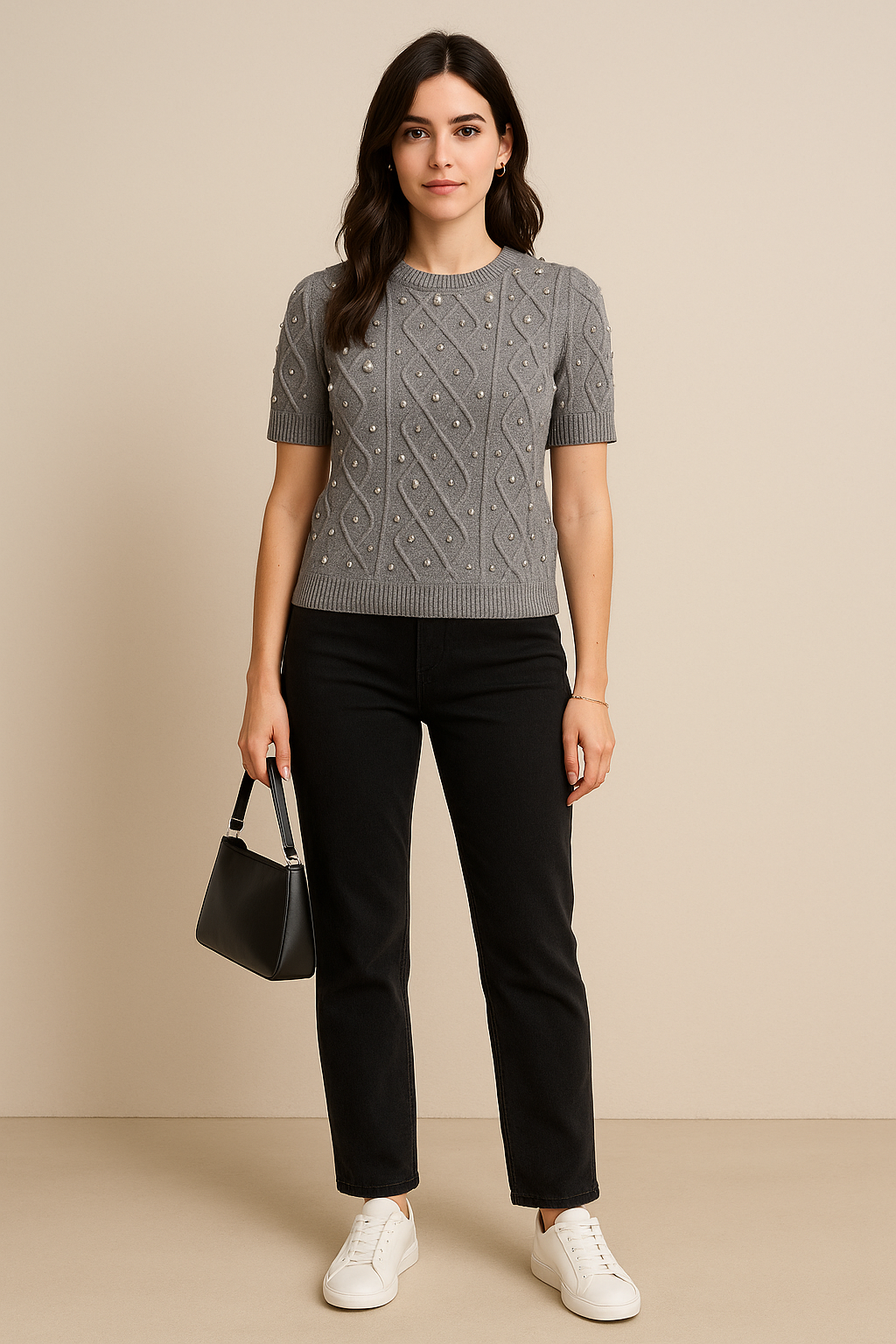 Pull manches courtes perles et strass