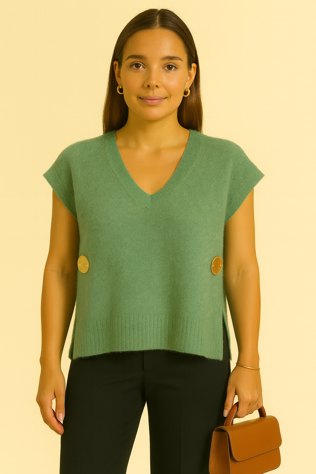 Pull col V boutons dorés