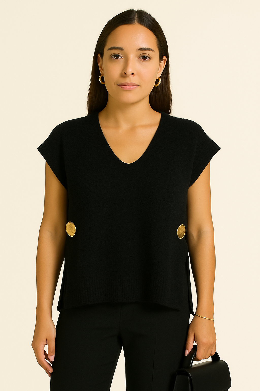 Pull col V boutons dorés