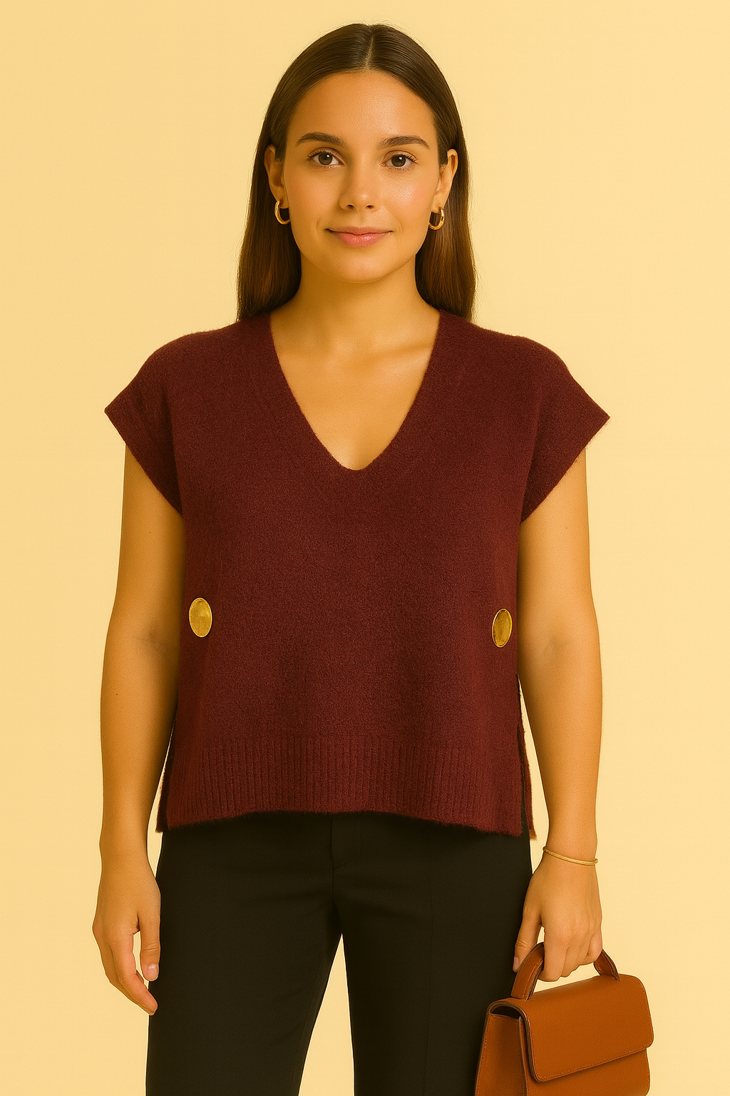 Pull col V boutons dorés