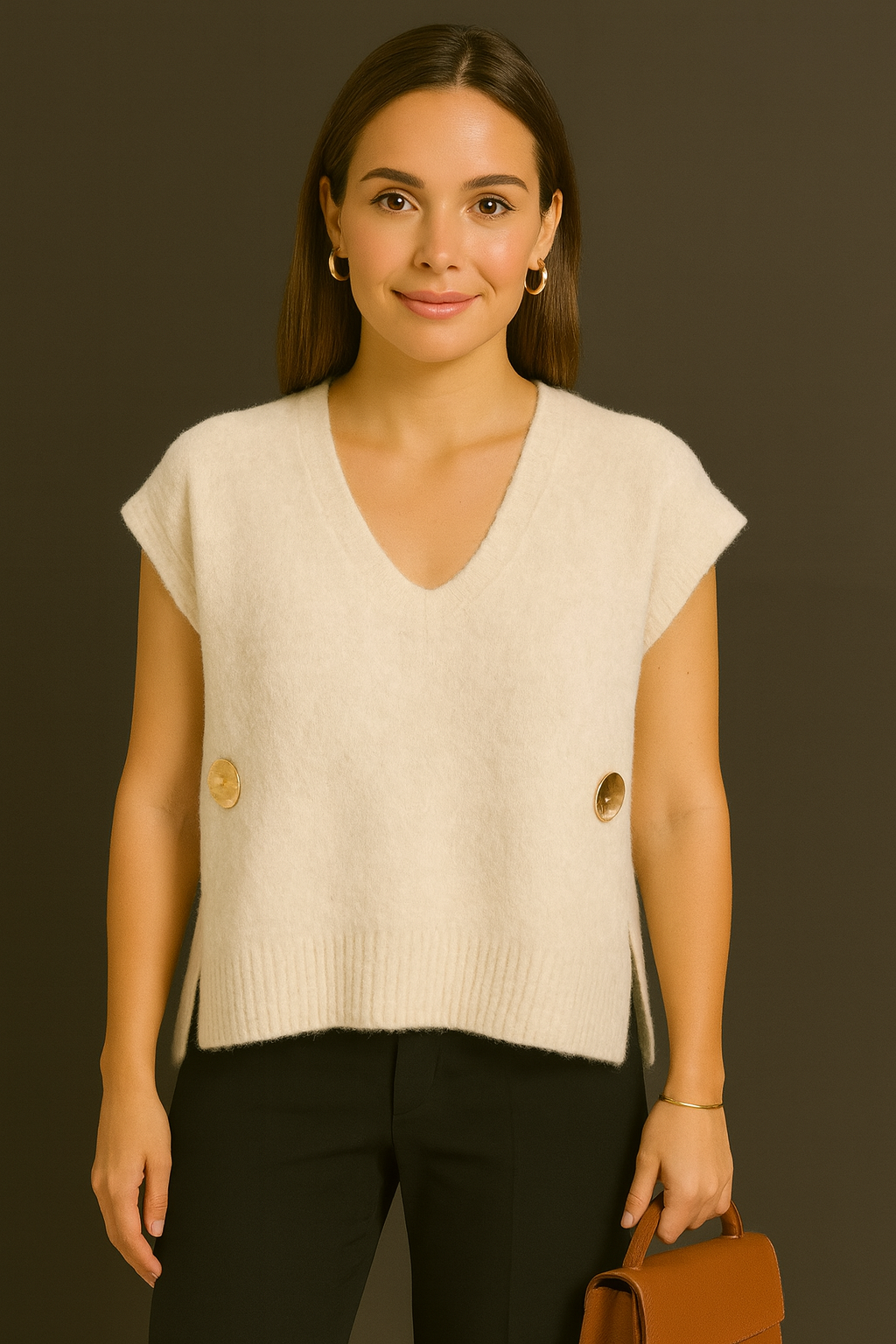 Pull col V boutons dorés