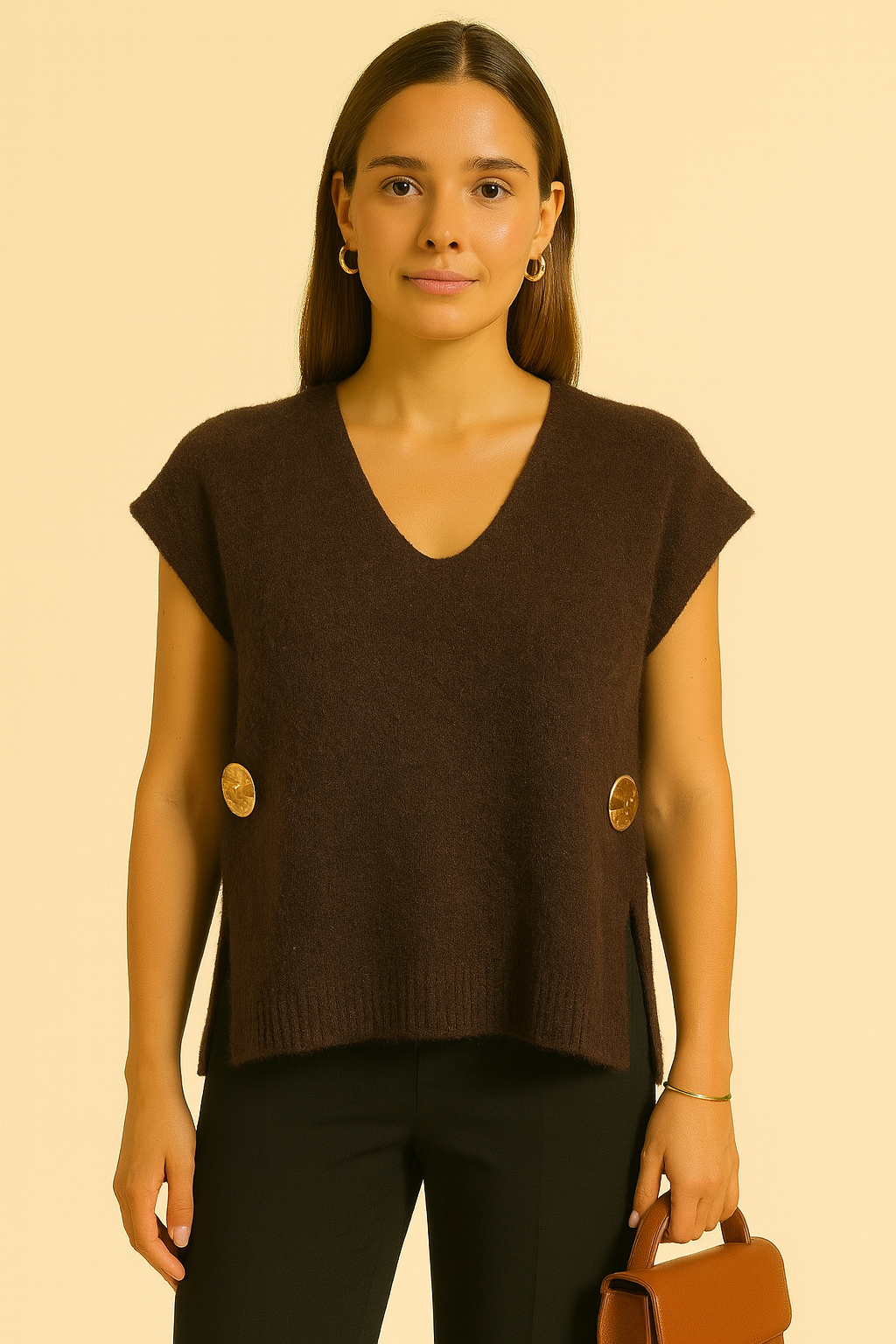 Pull col V boutons dorés